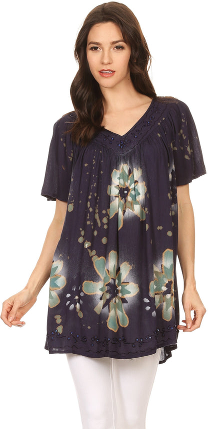 Sakkas Poppy Floral Hand Dyed Dye Pattern Top Blouse With Beaded Sequin V Neck