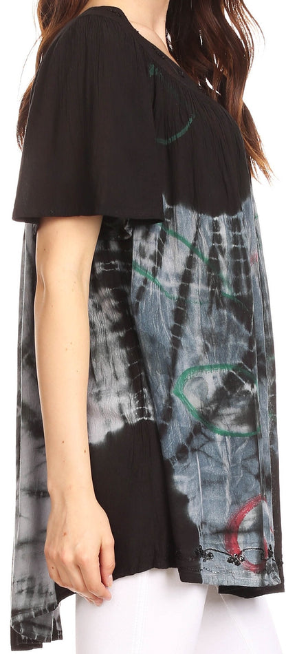 Sakkas Nia Tie Dye Sequin Embroidered V-Neck Cap Sleeve Blouse / Top