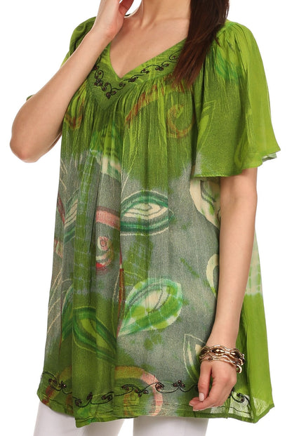 Sakkas Nia Tie Dye Sequin Embroidered V-Neck Cap Sleeve Blouse / Top