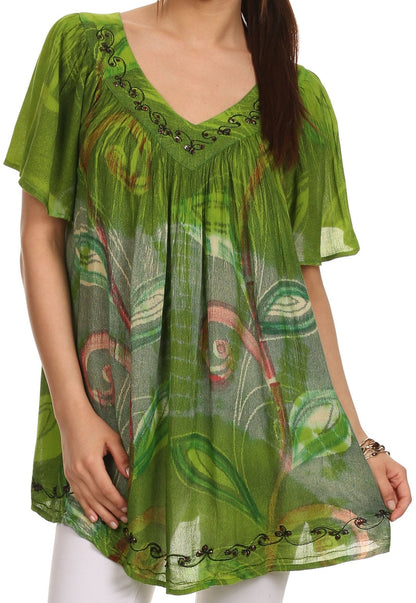 Sakkas Nia Tie Dye Sequin Embroidered V-Neck Cap Sleeve Blouse / Top