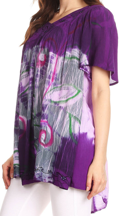 Sakkas Nia Tie Dye Sequin Embroidered V-Neck Cap Sleeve Blouse / Top