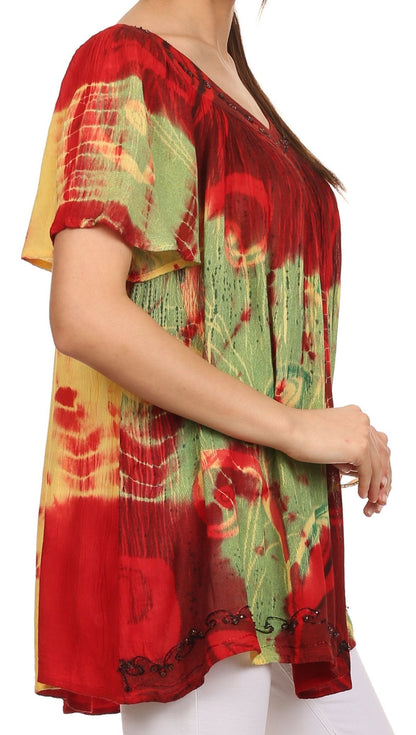 Sakkas Nia Tie Dye Sequin Embroidered V-Neck Cap Sleeve Blouse / Top