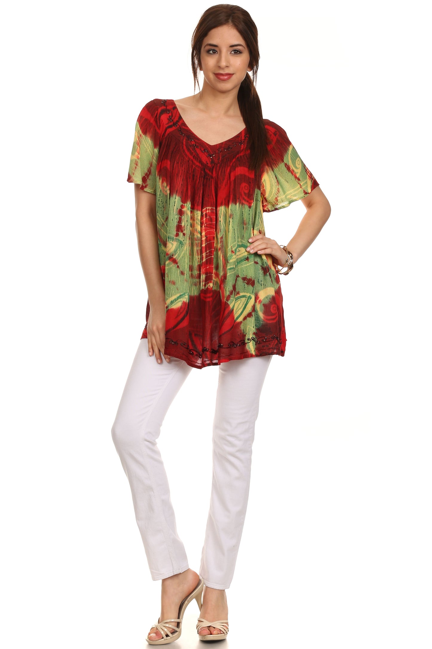 Sakkas Nia Tie Dye Sequin Embroidered V-Neck Cap Sleeve Blouse / Top