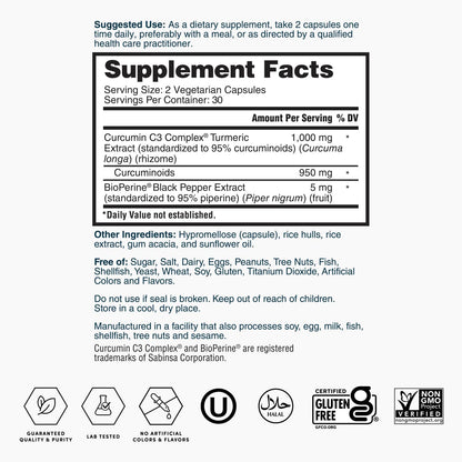 Nature's Lab Gold Turmeric Extract with Curcumin C3 and BioPerine - 60 capsules