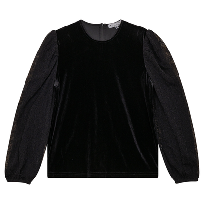 Velour Button Front Top With Organza Sleeves