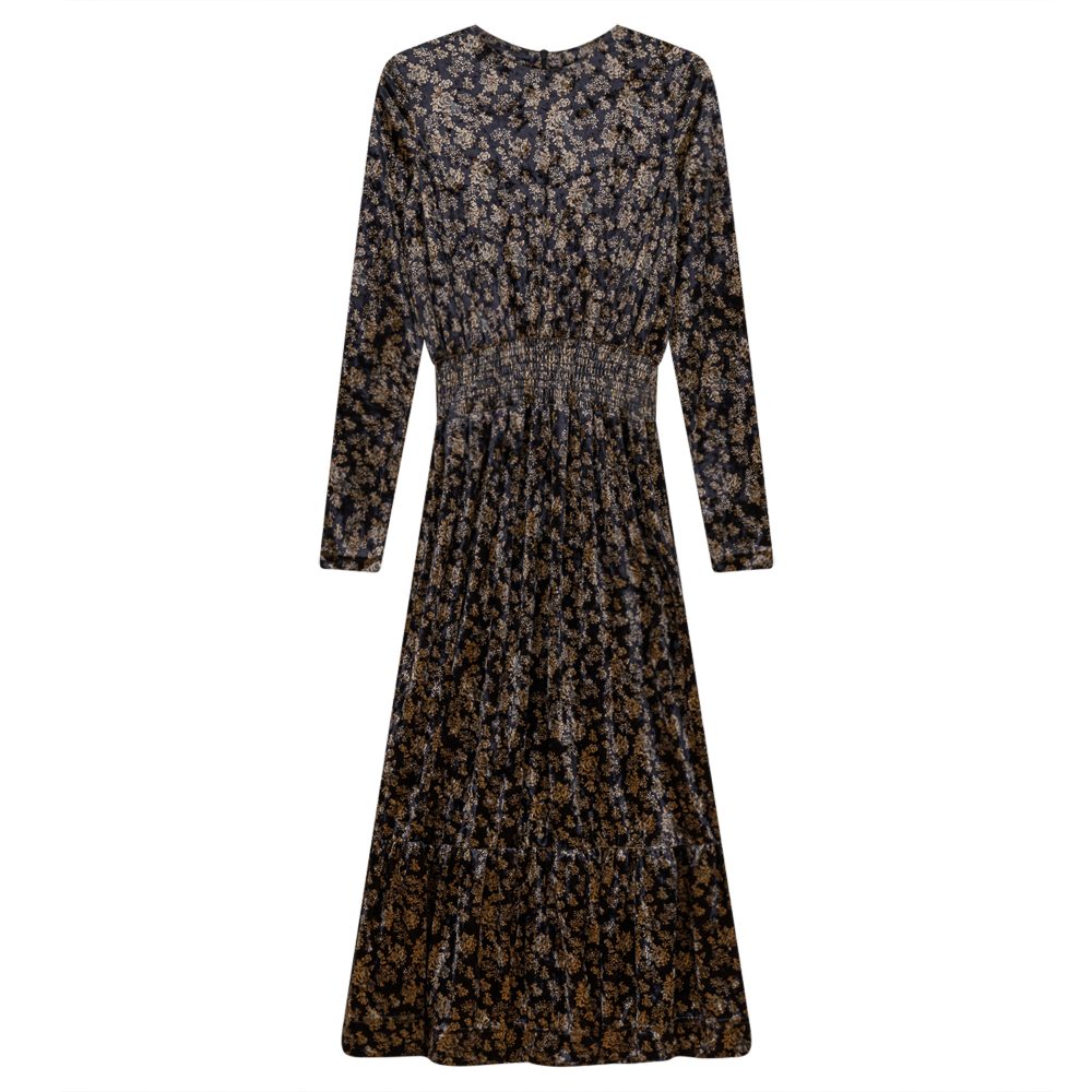 Midi Pleated Velour Floral Dress