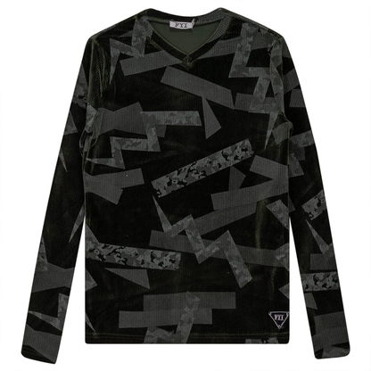 Rib Velour Print Top With V-Neck