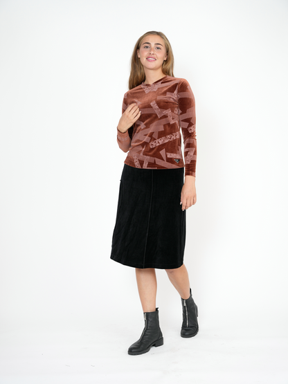 Rib Velour Print Top With V-Neck
