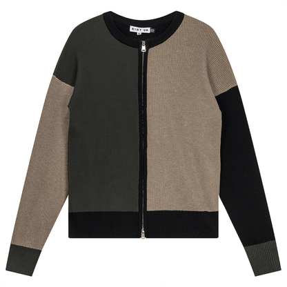 Color Block Double Zip Knit Cardigan