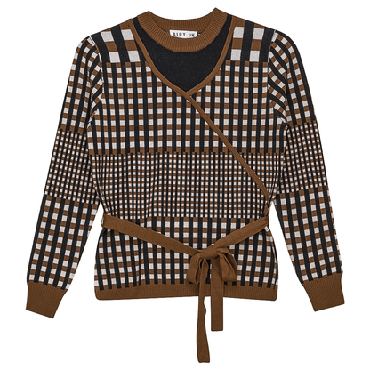 Checker Wrap Knit Mock Neck Sweater