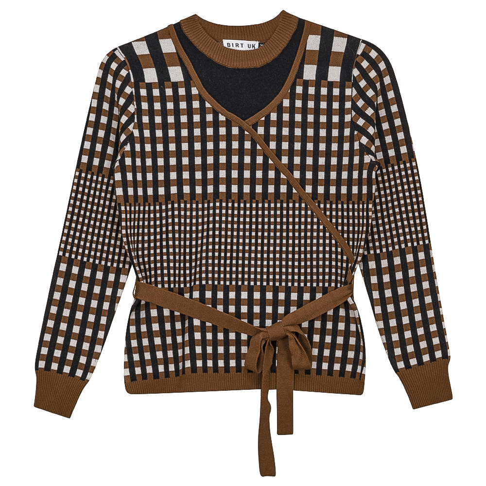 Checker Wrap Knit Mock Neck Sweater