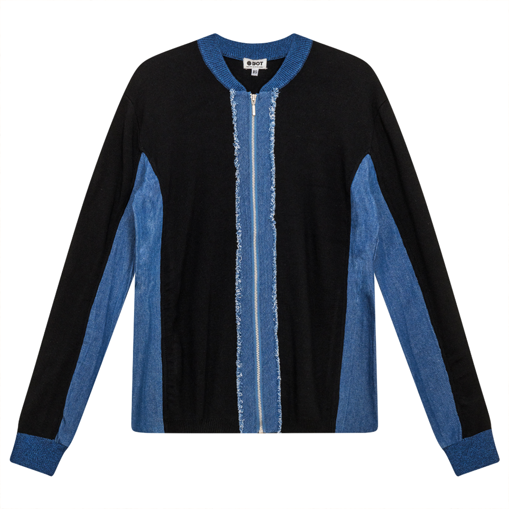 Ribbed Knit With Denim Trim Zip Up