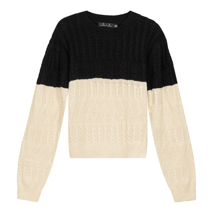 Cropped 2 Tone Cable Knit Sweater