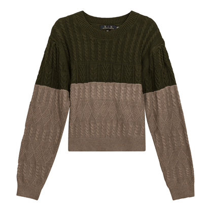 Cropped 2 Tone Cable Knit Sweater