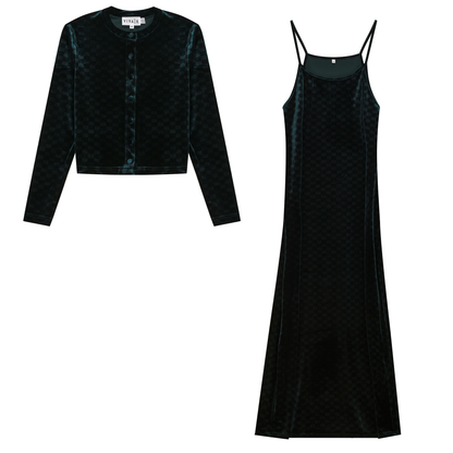Checked Velour 2 PC Maxi Dress