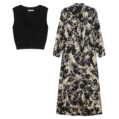 Printed Chiffon Tiered Dress With Crochet Knit Vest