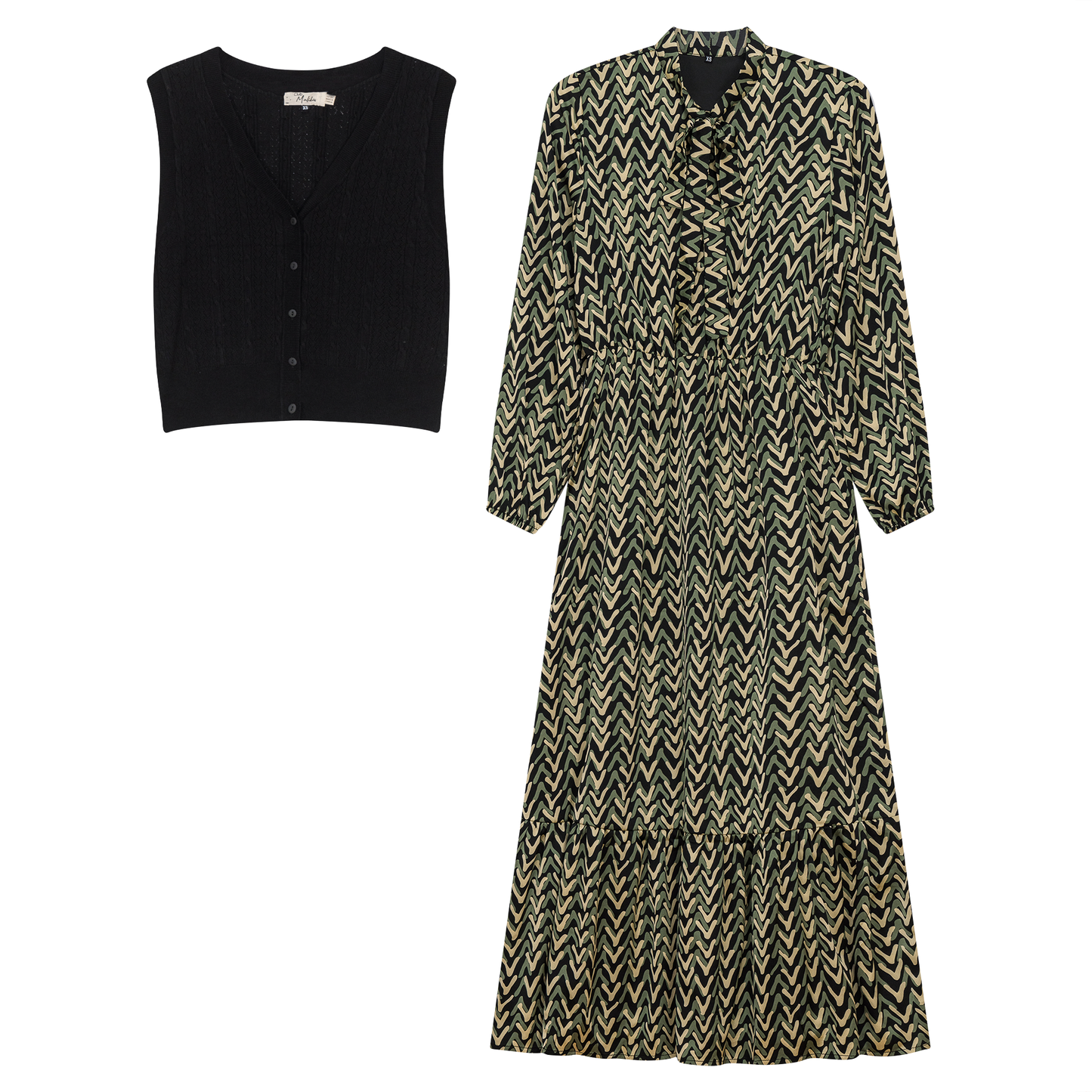 Printed Chiffon Tiered Dress With Crochet Knit Vest
