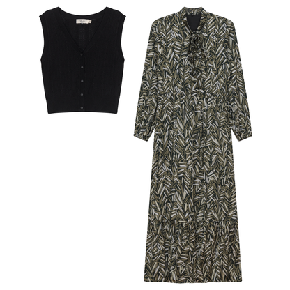 Printed Chiffon Tiered Dress With Crochet Knit Vest