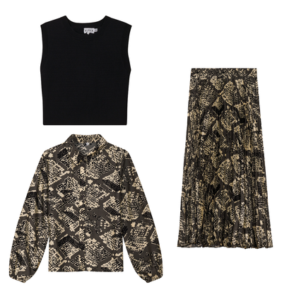 Printed Satin Midi Accordian Pleated Skirt Set With Cropped Knit Vest