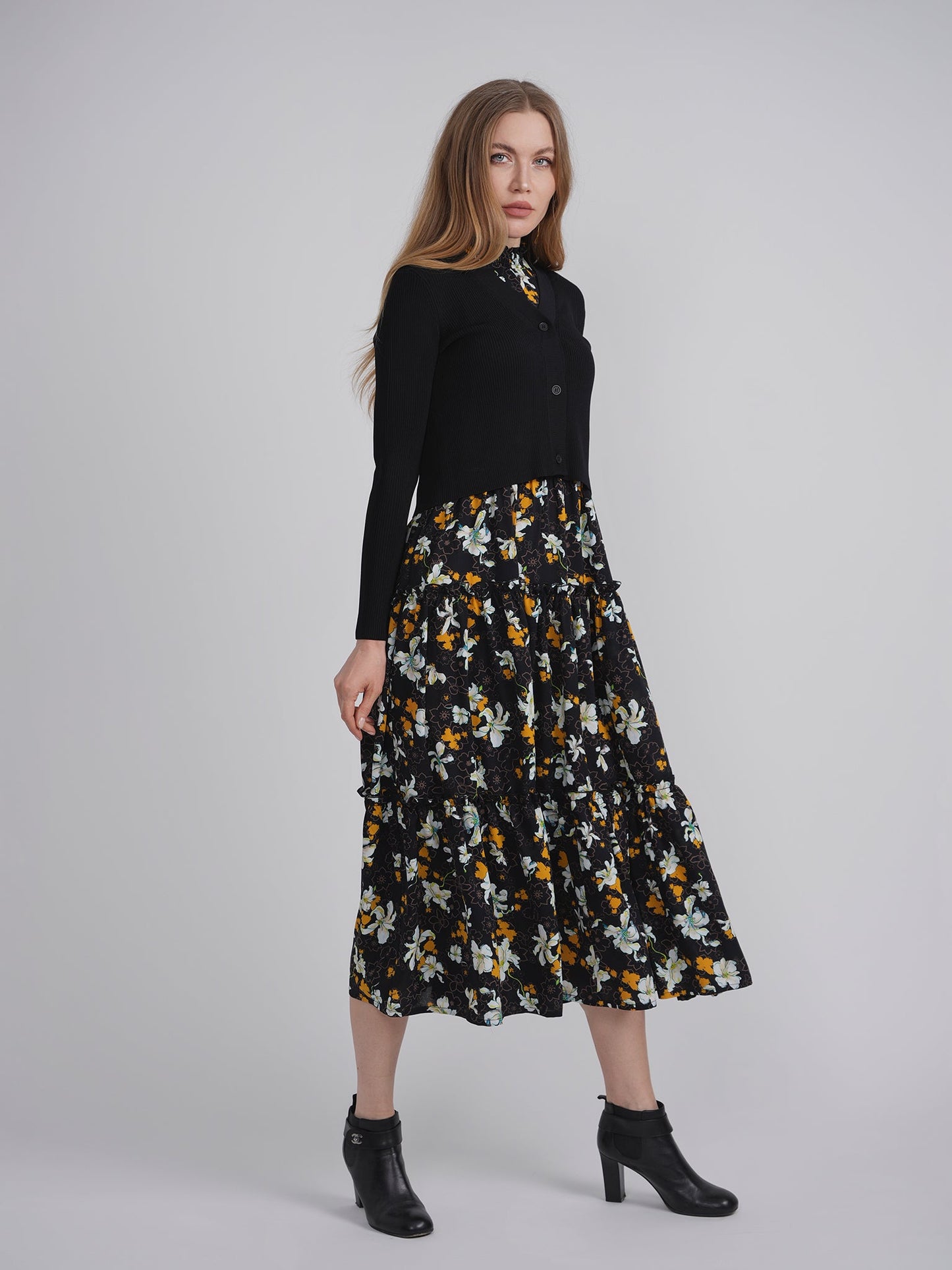 Printed Satin Jumper With  Knit Top