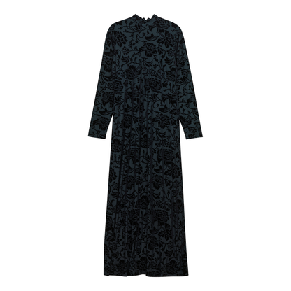 Mock Neck Flocked Chiffon Maxi Dress