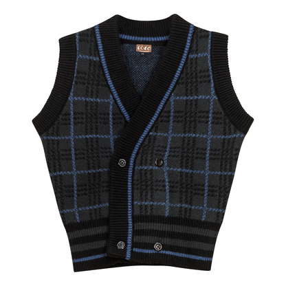 Knit Plaid Double Breasted Vest