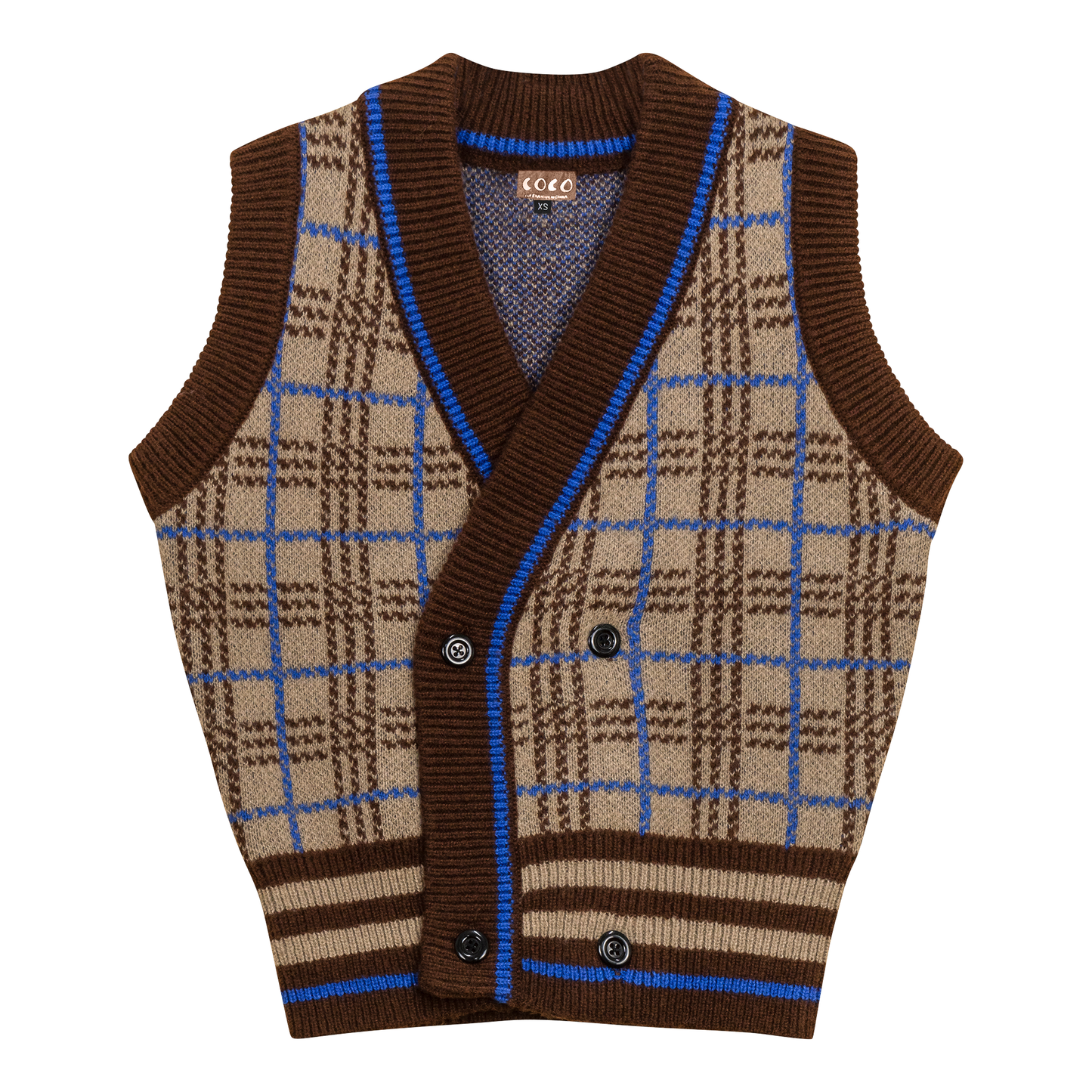 Knit Plaid Double Breasted Vest