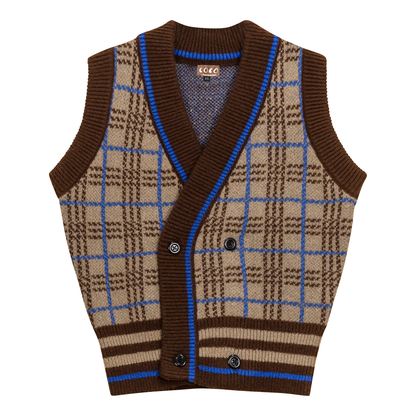 Knit Plaid Double Breasted Vest