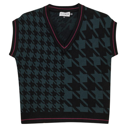 Houndstooth Contrast Knit Vest