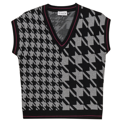 Houndstooth Contrast Knit Vest