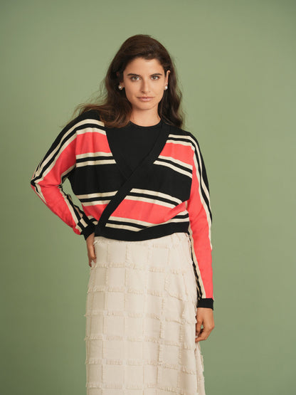 Pointelle Stripped Wrap Cardigan