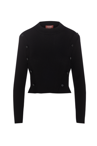 Cropped Ribbed Mock Neck Button Sweater