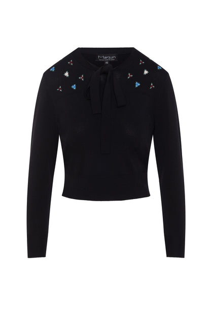 Cropped Embroidered Tie Sweater