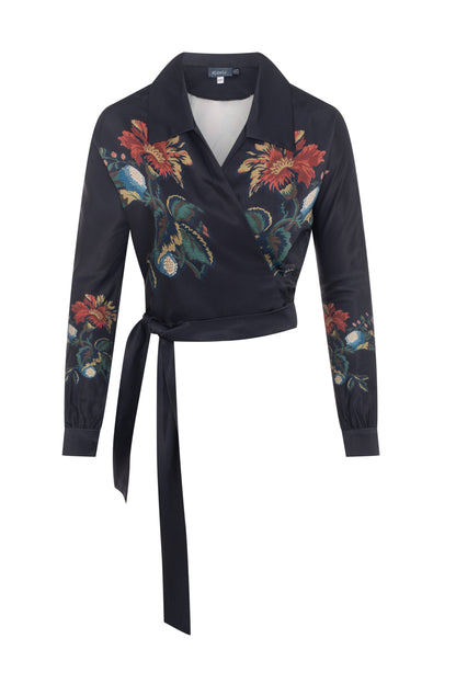 Satin Print Wrap Blouse