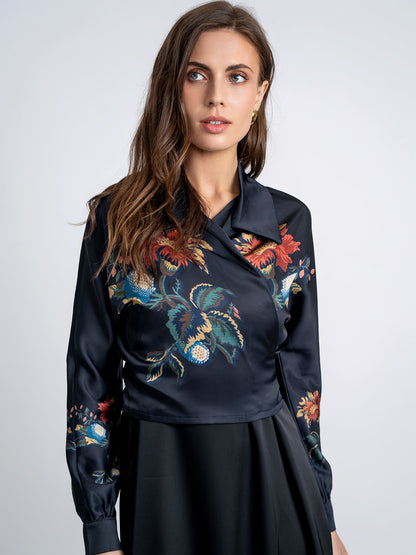 Satin Print Wrap Blouse