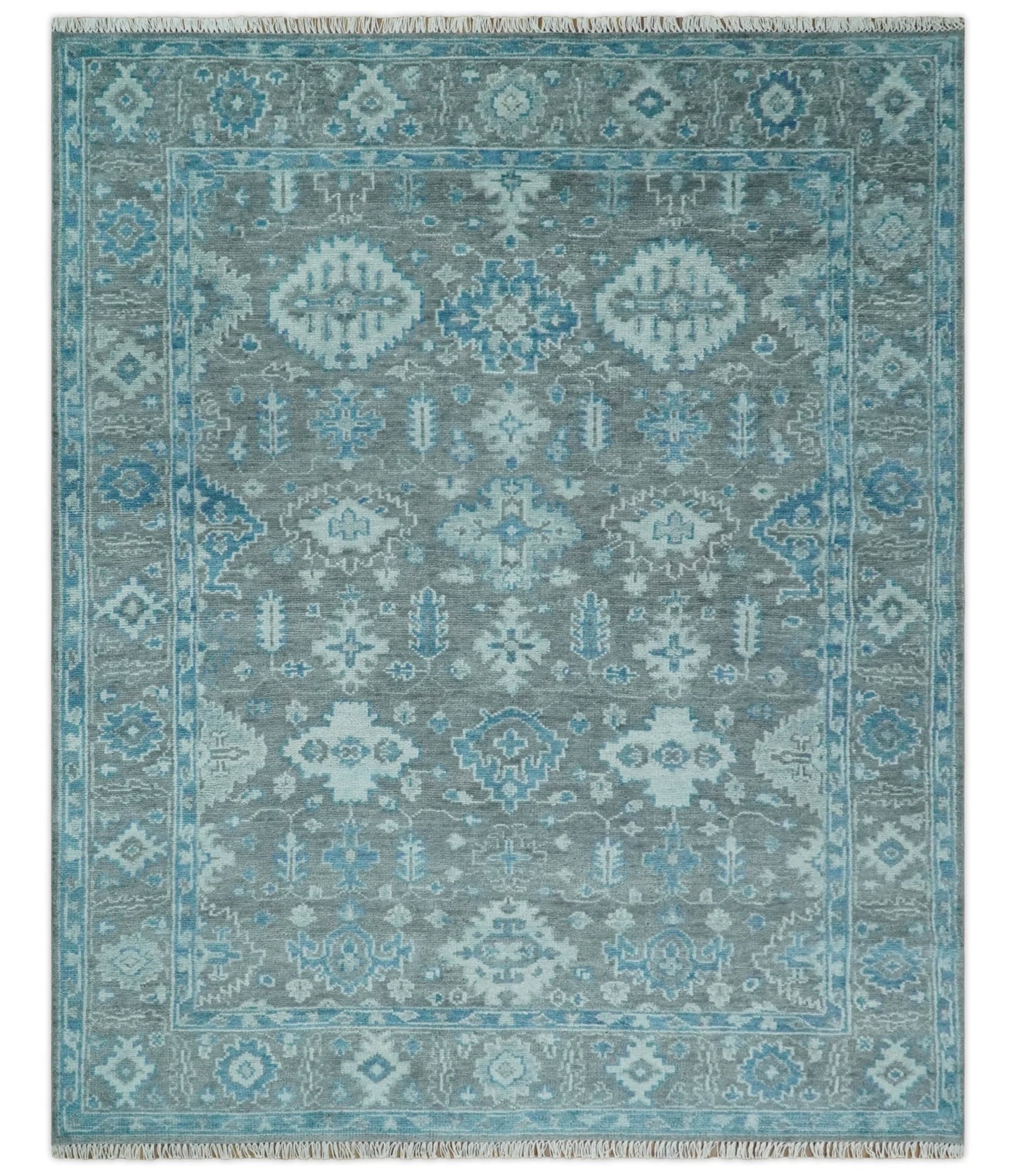 Antique Turkish  Gray and Blue Hand Knotted 8x10 Wool Area Rug