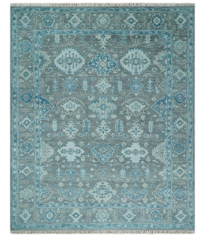 Antique Turkish  Gray and Blue Hand Knotted 8x10 Wool Area Rug