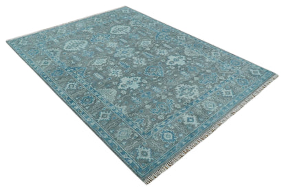 Antique Turkish  Gray and Blue Hand Knotted 8x10 Wool Area Rug