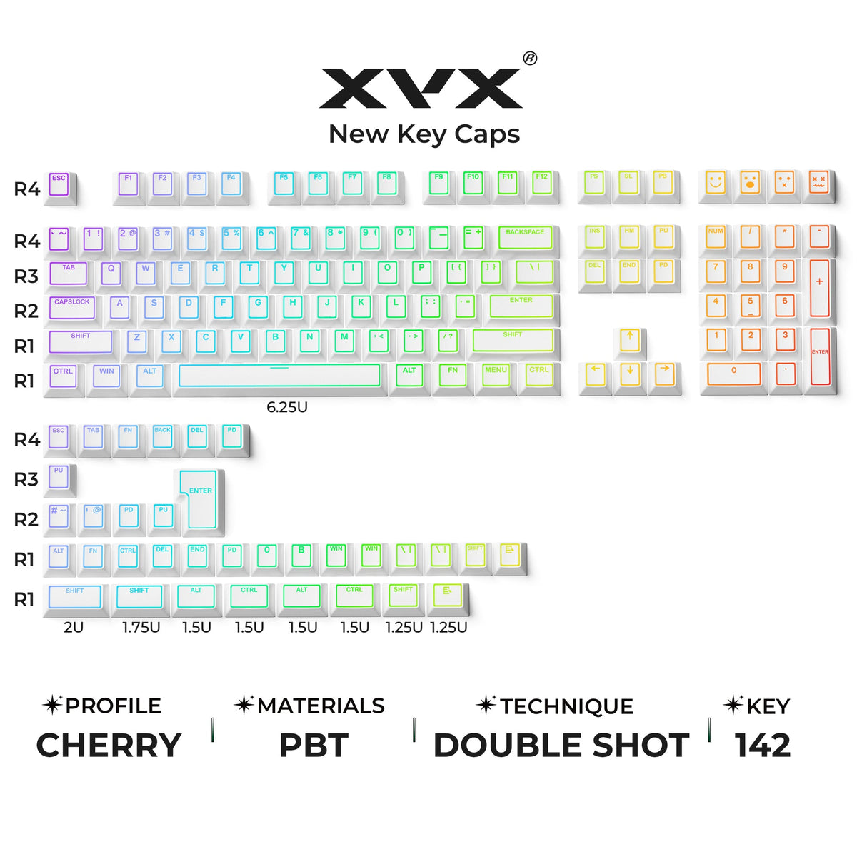 XVX PRISM Shine-Through Double-Shot Cherry Profile 142-Key PBT Keycap Set