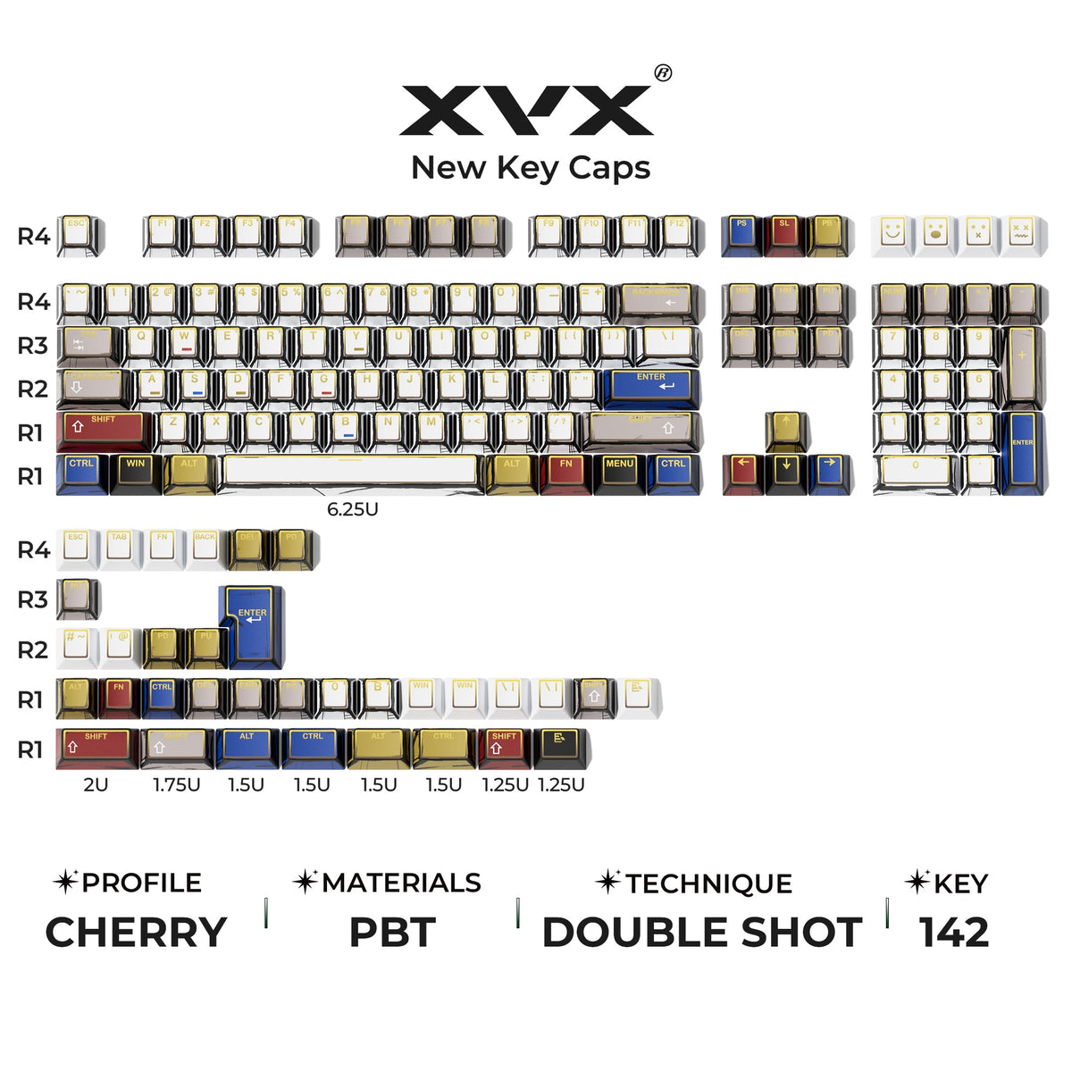 XVX PRISM Shine-Through Double-Shot Cherry Profile 142-Key PBT Keycap Set