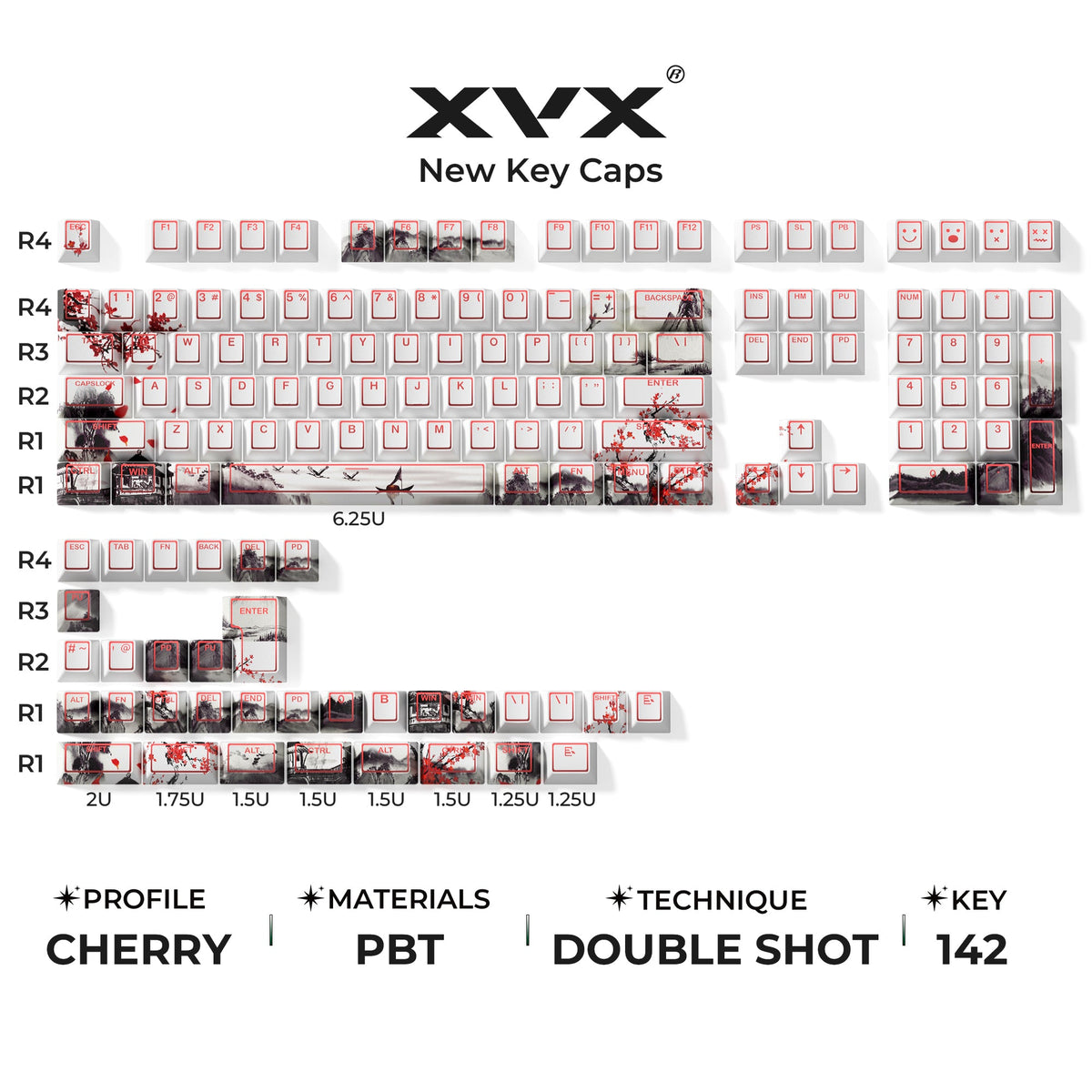 XVX PRISM Shine-Through Double-Shot Cherry Profile 142-Key PBT Keycap Set