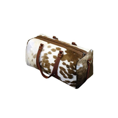 Handmade Genuine Leather Duffel Bag Large Travel Bag Cow Hide Weekend Bag Overnight Bag in Brown & White