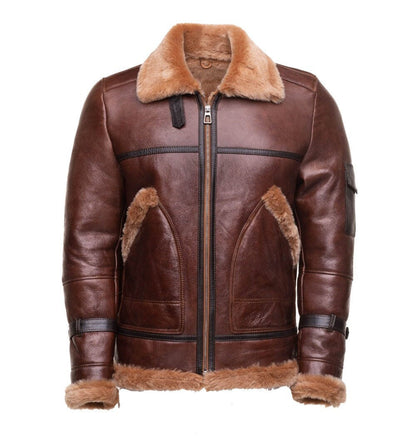Handmade Esa Brown Bomber Sheepskin Faux Shearling Jacket With Large Pockets