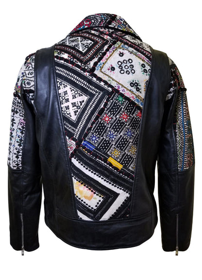 Handmade  Bohemian Leather Jacket With Tribal Hand Embroidered Fabric