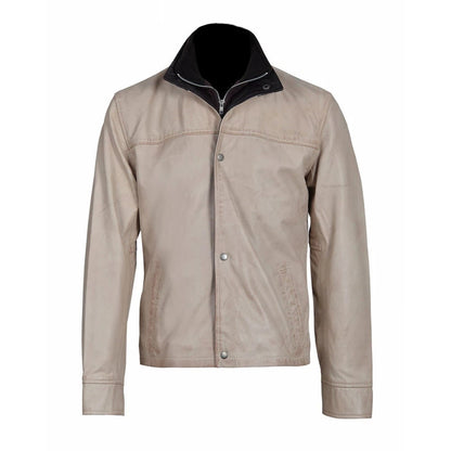 Handmade Barnes Bone White Hand Waxed Double Collar Leather Jacket
