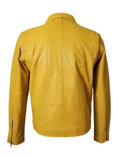 Handmade Olson's Yellow Biker Style Leather Jacket With Waist Belt