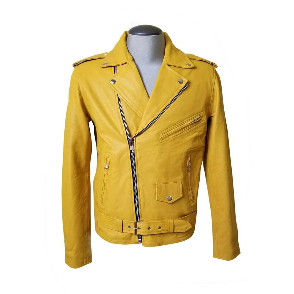 Handmade Olson's Yellow Biker Style Leather Jacket With Waist Belt