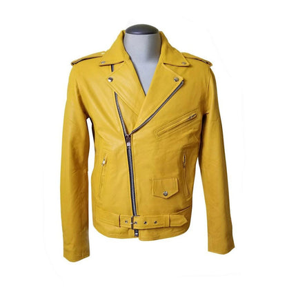 Handmade Olson's Yellow Biker Style Leather Jacket With Waist Belt