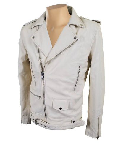 Handmade Holman's Cream Color Biker Leather Jacket With Waist Belt