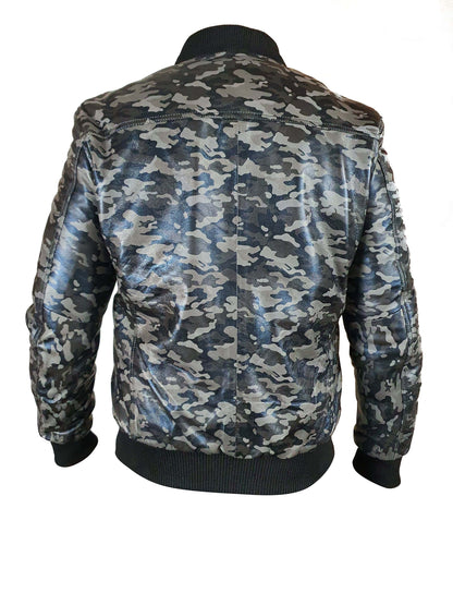 Handmade Bomber Grey Camouflage Military Print Leather Jacket